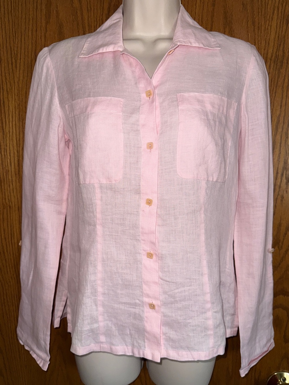 Dana Buchman Pink 100% Linen Blouse Button Front Roll Tab Sleeves Women's Size 2